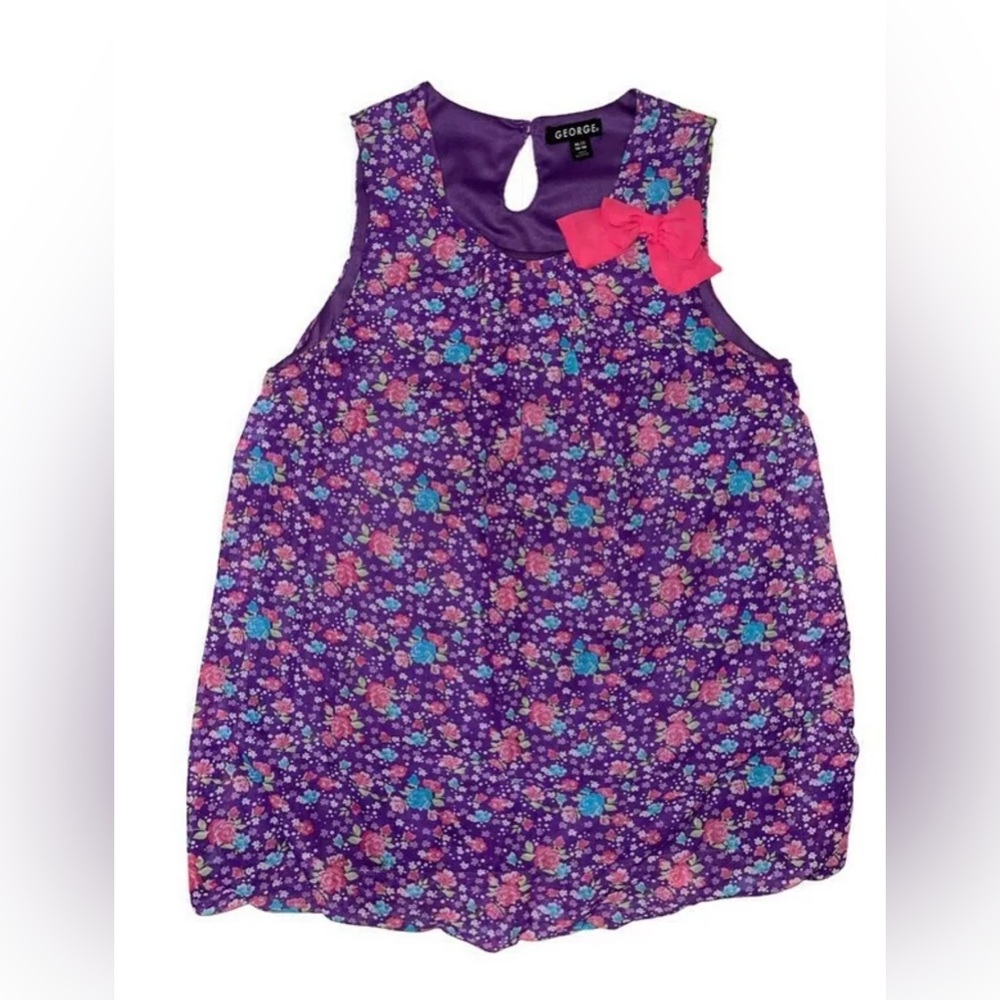 George Girls XL 14-16 Purple Floral Sleeveless Lined Blouse with Pink Bow